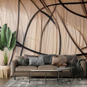 Modern Abstract Wallpaper, Beige Line Art Wall Mural, Removable Peel and Stick Wallpaper, Minimalist Wall Decor for Living Room