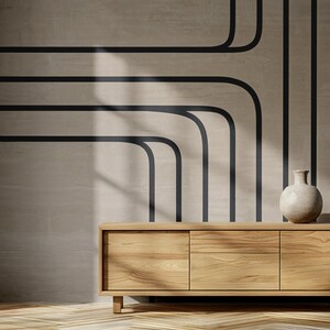 Moderne abstrakte Linie Kunst Tapete, minimalistische Wanddekoration für Esszimmer oder Wohnzimmer, elegante schwarze Linien auf neutralem beige Hintergrund