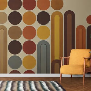 Carta da parati geometrica retrò - Cerchi e linee audaci ispirati agli anni '70, arte murale vintage anni '70 - Motivo geometrico nei toni caldi della terra
