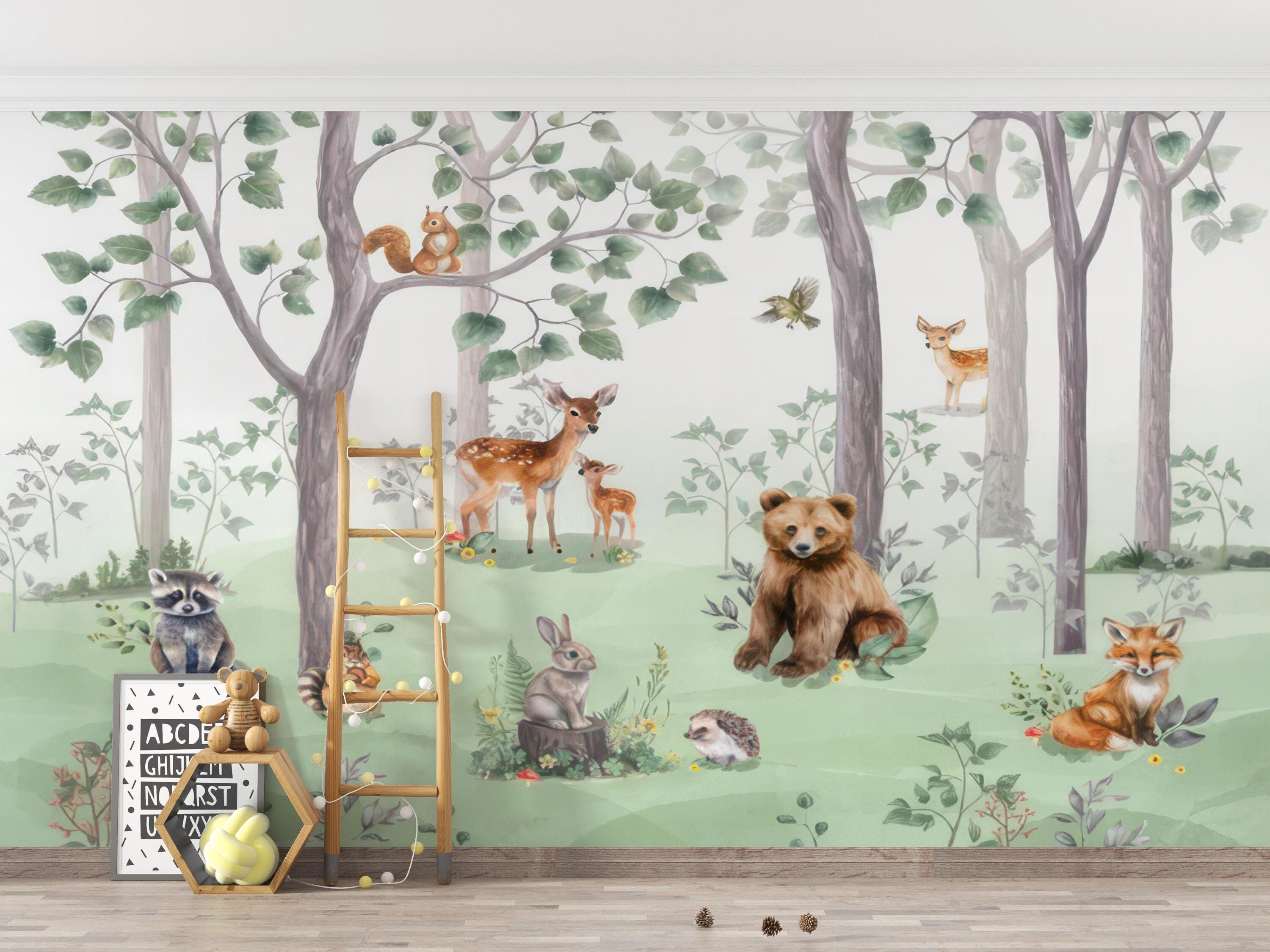 Woodland Forest Animals Wall Mural, Nursery Wallpaper, Kids Room Decor ...