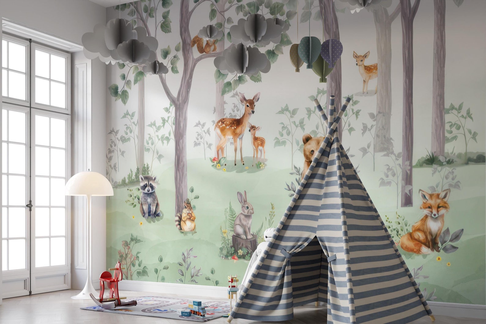 Woodland Forest Animals Wall Mural, Nursery Wallpaper, Kids Room Decor ...