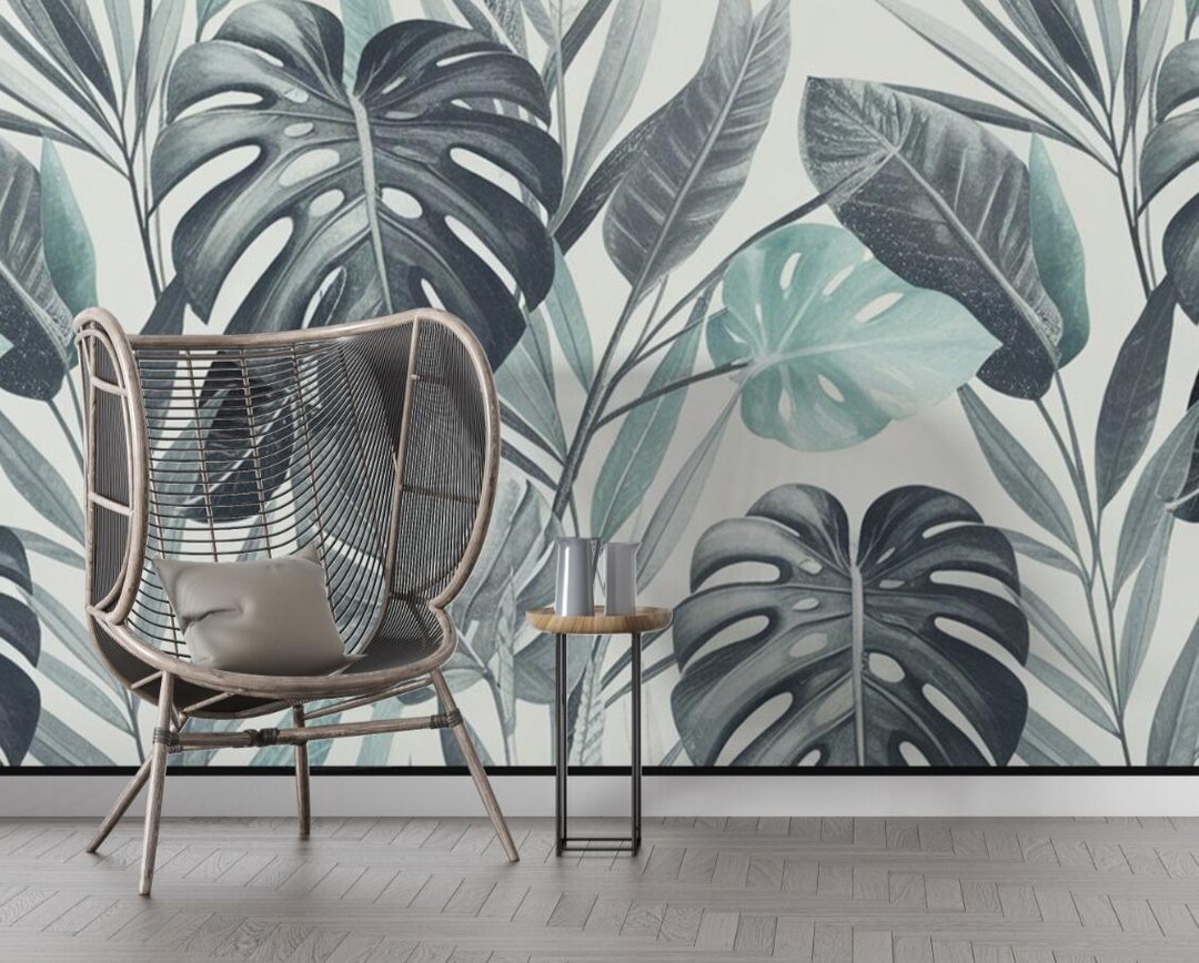 Tropical Leaf Wallpaper Mural, Large Green Leaves Jungle Wall Art, Peel ...