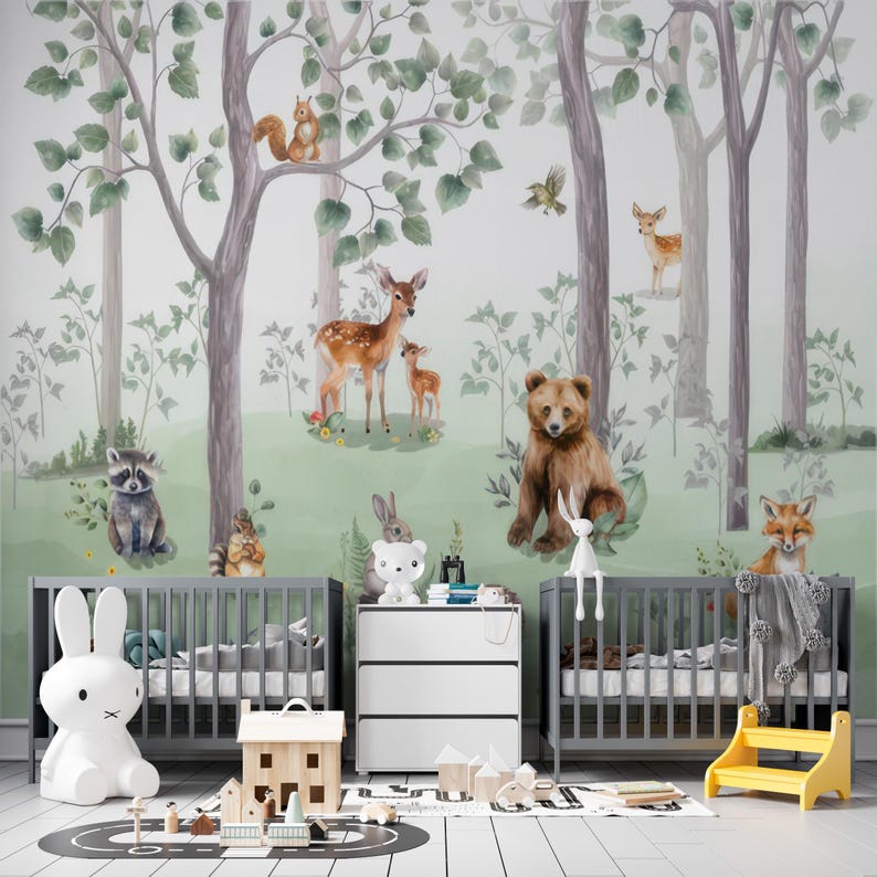 Woodland Forest Animals Wall Mural, Nursery Wallpaper, Kids Room Decor ...