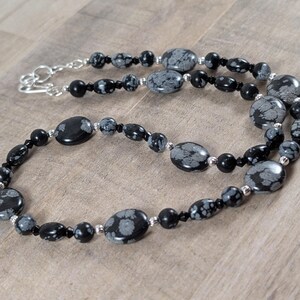 Snowflake Obsidian Necklace, 19 Inches, Sterling Silver Filled Wire Clasp, Round & Oval, Simple, Elegant