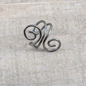 Double Swirl Ear Cuff, 18 Gauge Hematite Finished Silver Plated Wire, Handmade, Adjustable, Right or Left Side, Conch, No Piercing