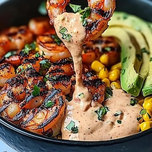 Grilled Shrimp Bowl with Avocado, Corn Salsa & Creamy Sauce, Recipe Ebooks, recipe instructions, best recipe pdf,recipe ideas,dinner recipes