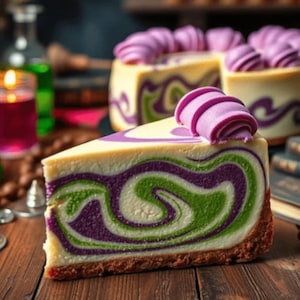 Polyjuice Potion Swirl Cheesecake recipe, green purple dessert, magical treat, best recipe pdf, cookbook pdf, homemade dessert
