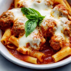 Caçarola de almôndegas em uma panela com macarrão e queijo derretido, jantar assado fácil, comida italiana reconfortante, refeição para toda a família, baixar receita