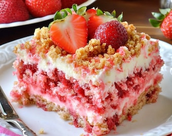 Strawberry Crunch Poke Cake with Vanilla Pudding Filling and Whipped Topping, Moist Strawberry Cake with Golden Oreo Crunch, Download Recipe