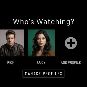 May include: A black screen displays the text "Who's Watching?" with profile pictures for "Rick" and "Lucy", and an "Add Profile" option. The Yourflix logo is in the top left corner, and "Manage Profiles" is at the bottom.