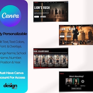 May include: A Canva design featuring mockups of a streaming service interface. The interface displays basketball-themed content, including a movie titled "Lion's Rush" and a section titled "Our Champions." The design is fully personalizable.