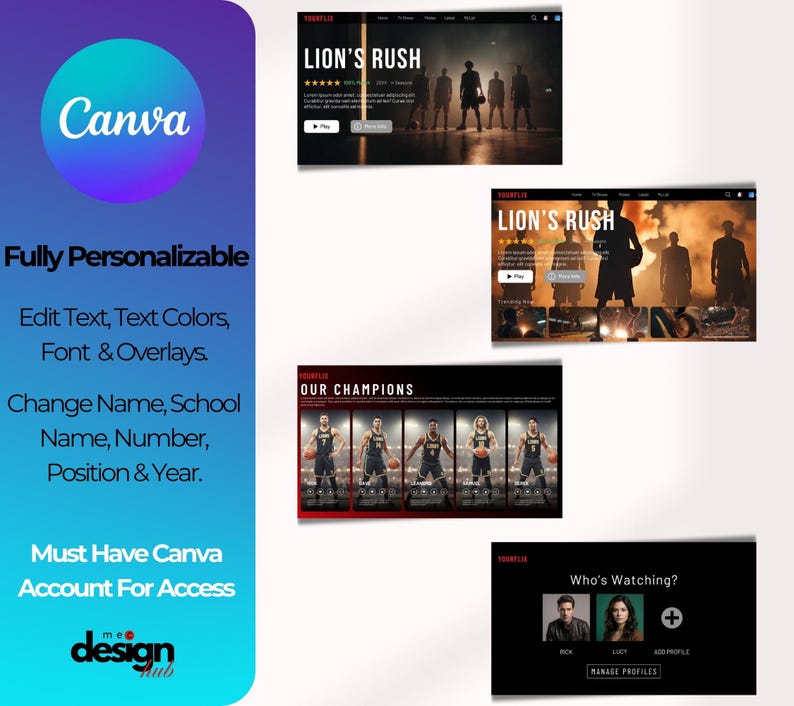 May include: A Canva design featuring mockups of a streaming service interface. The interface displays basketball-themed content, including a movie titled "Lion's Rush" and a section titled "Our Champions." The design is fully personalizable.