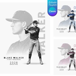 May include: A black and white baseball-themed graphic design featuring a baseball player holding a bat. The design includes the text "BLAKE WALKER FIRST BASEMAN 2026 BRAXTON" and the word "WALKER" in a vertical layout. The image also includes a Canva template.