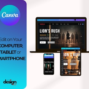 May include: A laptop, tablet, and smartphone displaying a streaming service interface with the title "LION'S RUSH". The devices are set against a gradient blue background with the text "Edit on Your COMPUTER, TABLET or SMARTPHONE". The Canva logo is visible.