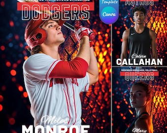 Custom Canva Sports Templates Backdrops | Senior Sport Posters, Player Cards Canva Designs | Baseball Photo Background Templates for Banners
