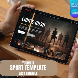 May include: A tablet displaying a sports streaming service, with the title "LION'S RUSH" and a basketball theme. The screen also shows the text "YOURFLIX SPORT TEMPLATE EASY EDITABLE". A stylus is held in the hand.