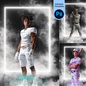 May include: A composite image featuring three athletes in action. The central figure is a football player in a white uniform, flanked by two baseball players. Each athlete is framed by a glowing white rectangle against a smoky, dark background. Text includes names and "Editable Template".