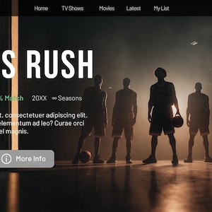 May include: A promotional image for "Lion's Rush" on Yourflix. The title is in bold white letters. The image features a basketball court with silhouetted players. The image includes the text "Play" and "More Info".