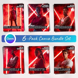 May include: Six red and black sports team cards with neon red lights. Each card features a player in a red jersey with their name and position. The text on the cards reads "Setter Volleyball 1", "Opposite Volleyball 7", "Setter Basketball 16", "Setter Basketball 17", "Defiance Volleyball 0", and "Setter Football 8".