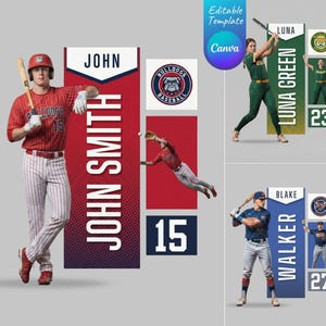 Könnte beinhalten: Eine Collage mit Baseballspielern und Teamlogos. Ein Spieler in einer rot-weiß gestreiften Uniform hält einen Schläger. Der Text "JOHN SMITH" wird vertikal angezeigt. Andere Spieler tragen grüne und blaue Uniformen. Die Texte "LUNA GREEN" und "BLAKE WALKER" werden ebenfalls angezeigt.