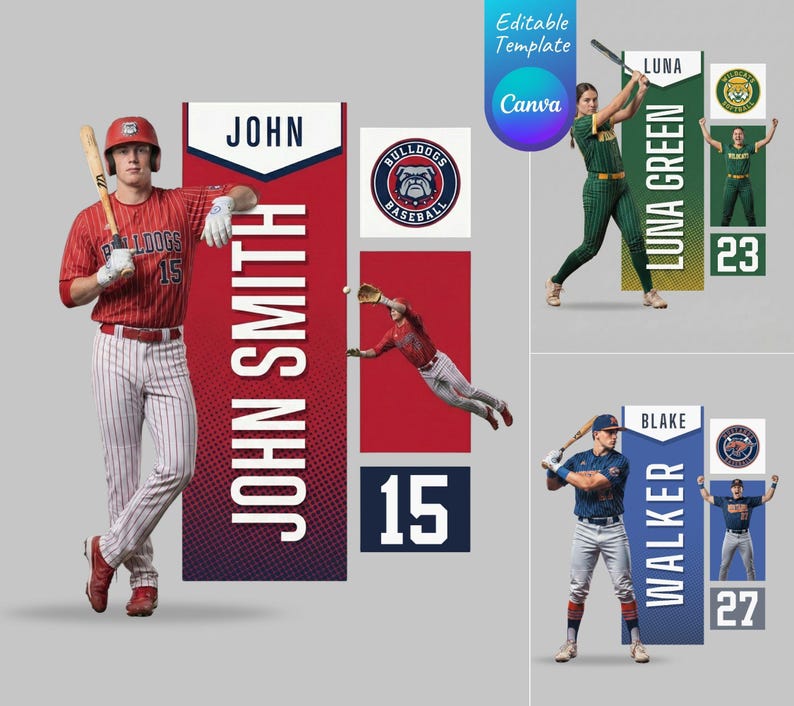 May include: A collage featuring baseball players and team logos. One player in a red and white striped uniform holds a bat. The text "JOHN SMITH" is displayed vertically. Other players are in green and blue uniforms. The text "LUNA GREEN" and "BLAKE WALKER" are also displayed.