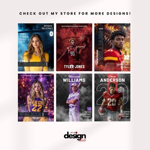 May include: A promotional graphic featuring six sports-themed designs. Each design showcases a different athlete, sport, and team, with names and numbers prominently displayed. The designs include volleyball, basketball, football, and baseball.