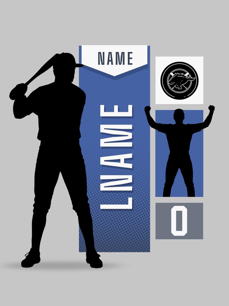 May include: Silhouette of a baseball player swinging a bat, with a blue and white graphic displaying the word "NAME" and "LNAME". A second figure celebrates with arms raised, and a score of "0" is shown.
