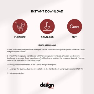 May include: An image with the text "INSTANT DOWNLOAD" and instructions on how to use Canva. The image includes icons for purchase, download, and edit. The design hub logo is at the bottom.