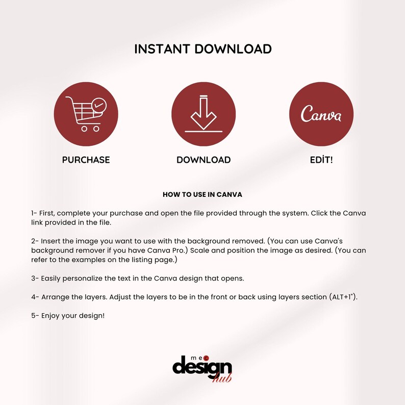 May include: An image with the text "INSTANT DOWNLOAD" and instructions on how to use Canva. The image includes icons for purchase, download, and edit. The design hub logo is at the bottom.