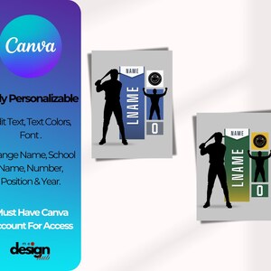 May include: Two baseball-themed designs featuring a silhouette of a batter and a player. The designs include text fields for customization, with the Canva logo and the words "Fully Personalizable" and "Edit Text, Text Colors, Font."