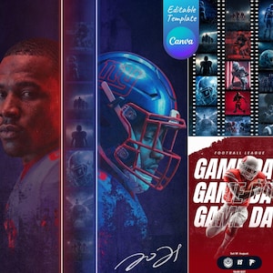 May include: A composite image featuring football players and game day graphics. The design includes a player's portrait, a close-up of a helmet, and a game day announcement with the text "Game Day". The color scheme is dominated by red, blue, and white.