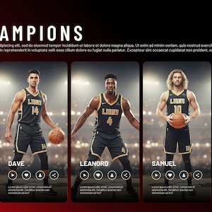 May include: A promotional image for Yourflix featuring five basketball players in black and gold uniforms. The text "OUR CHAMPIONS" is at the top. Each player holds a basketball and is identified by a name and number.