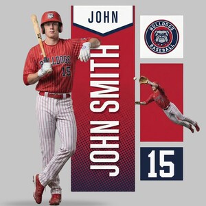 May include: A baseball player in a red and white striped jersey and pants, holding a bat. The jersey has "Bulldogs 15" printed on it. The image includes the name "John Smith" and a team logo.
