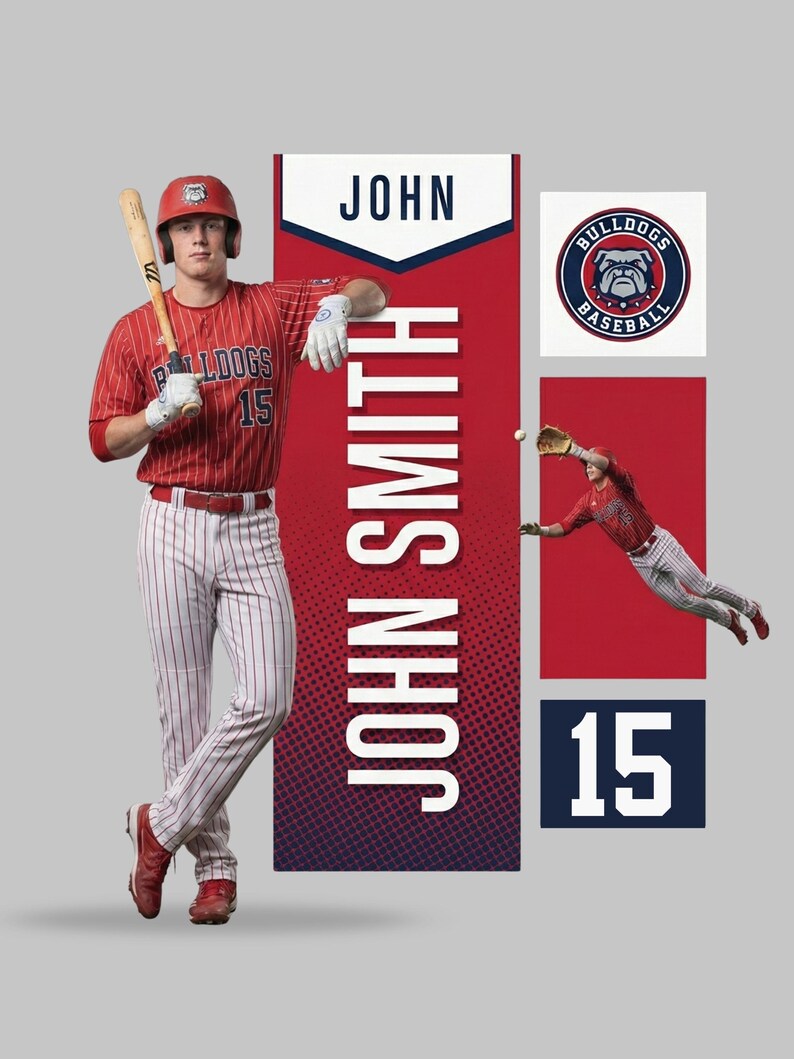 May include: A baseball player in a red and white striped jersey and pants, holding a bat. The jersey has "Bulldogs 15" printed on it. The image includes the name "John Smith" and a team logo.