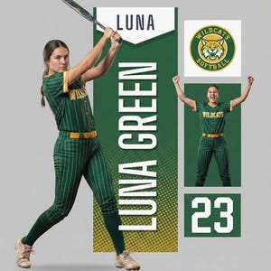May include: A softball player in a green and gold uniform swings a bat. The uniform has vertical stripes and the text "LUNA GREEN". The image includes a Wildcats Softball logo and the number 23.