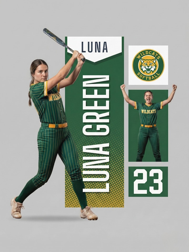 May include: A softball player in a green and gold uniform swings a bat. The uniform has vertical stripes and the text "LUNA GREEN". The image includes a Wildcats Softball logo and the number 23.