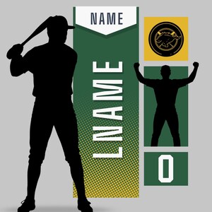 May include: Baseball-themed graphic with a silhouette of a batter, a scoreboard, and a celebrating player. The scoreboard displays the word "NAME" and the number "0". The team logo is a black animal on a yellow circle.