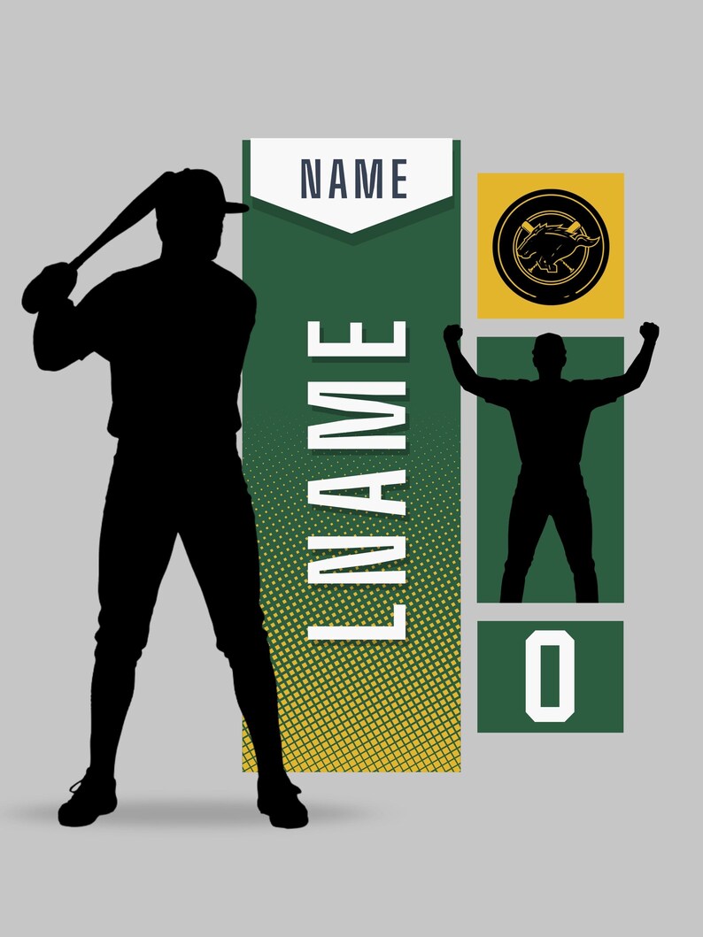 May include: Baseball-themed graphic with a silhouette of a batter, a scoreboard, and a celebrating player. The scoreboard displays the word "NAME" and the number "0". The team logo is a black animal on a yellow circle.
