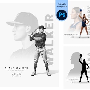 May include: A black and white sports-themed template with a baseball player holding a bat, and two other sports figures. The text includes "BLAKE WALKER, FIRST BASEMAN, 2026, BRAXTON" and "MADDISON GREGORY, 2026, WILDFIRE".