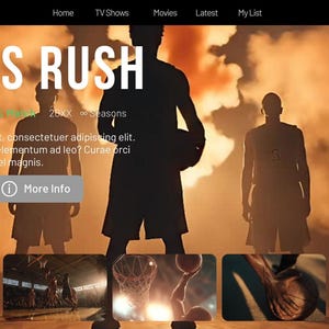 May include: A movie streaming service interface with the title "LION'S RUSH" in large white letters. Silhouetted basketball players are in the background. The interface includes buttons for "Play" and "More Info".