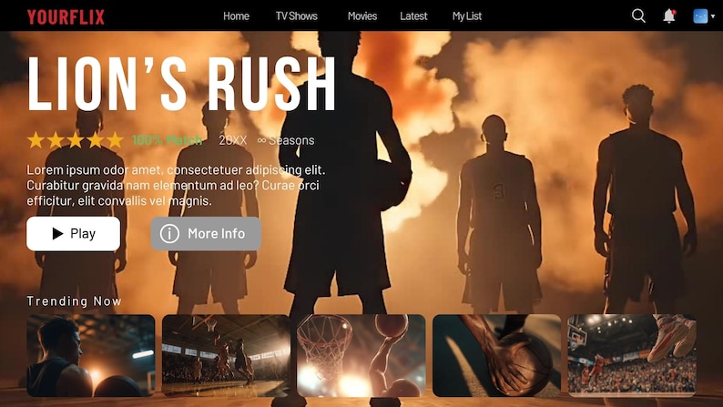 May include: A movie streaming service interface with the title "LION'S RUSH" in large white letters. Silhouetted basketball players are in the background. The interface includes buttons for "Play" and "More Info".