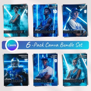 May include: Six blue and white sports cards with neon blue lights and smoke effects. Each card features a different athlete with their name, sport, and number. The text on the cards reads "Setter Volleyball 1", "Guard Basketball 10", "Outfielder Baseball 8", "Running Back Football 17", "Pitcher Baseball 0", and "Point Guard Basketball 7".