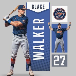 May include: A baseball player in a blue and orange striped uniform, holding a bat. The image includes the name "Blake Walker" and the number "27". A team logo with a horse is also visible.
