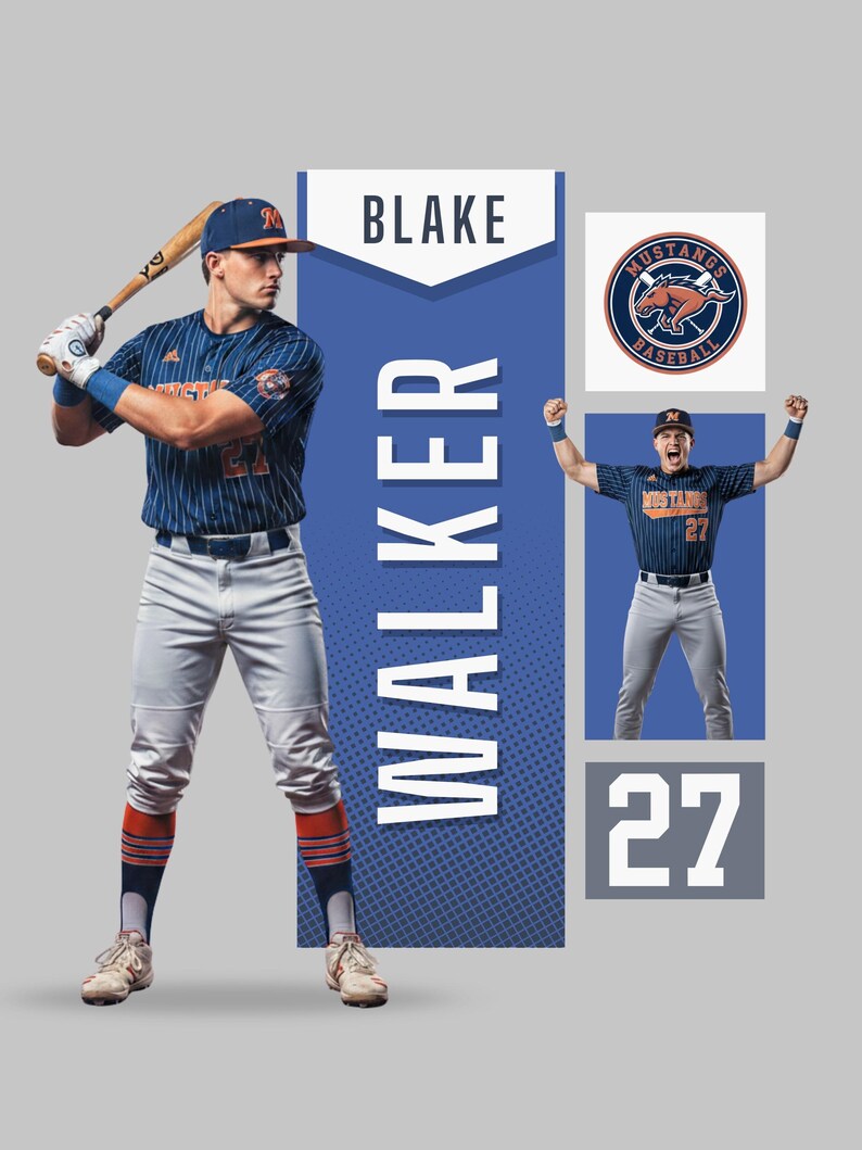 May include: A baseball player in a blue and orange striped uniform, holding a bat. The image includes the name "Blake Walker" and the number "27". A team logo with a horse is also visible.