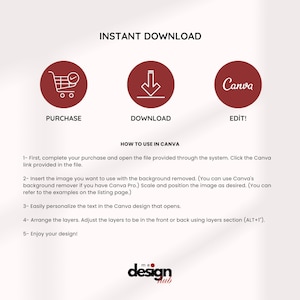 May include: An image with the text "INSTANT DOWNLOAD" and instructions on how to use Canva. The image includes icons for purchase, download, and edit. The design hub logo is at the bottom.