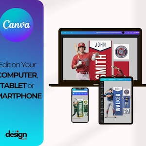May include: A digital design showcasing baseball player graphics on a laptop, tablet, and smartphone. The image includes the Canva logo and text: "Edit on Your COMPUTER, TABLET or SMARTPHONE."