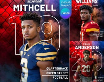 May include: Three football player portraits with their names, jersey numbers, positions, and team names. Derek Mithcell, quarterback, Green Street Football, wearing a blue and gold jersey with the number 19. Harrison Williams, linebacker, Green Street Football, wearing a red and white jersey with the number 1. Chris Anderson, centre, Green Street Football, wearing a red jersey with the number 20.