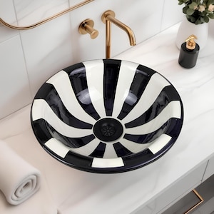 Modern Ceramic sink: Black and white, Hand Painted Sink, Handmade Sink, ceramic painted sink, round ceramic sink, Morroco Sink