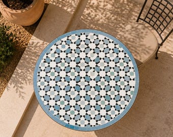 Handgjort marockanskt mosaikbord | Uteplatsbord med blått kakel | Medelhavsbord för utomhusbruk | Anpassad storlek tillgänglig