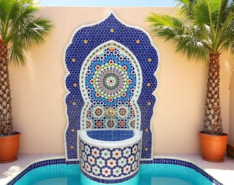 Customizable Rustic Mosaic Wall Fountain: Mid-Century Indoor/Outdoor Water Feature for Your Garden or Patio
